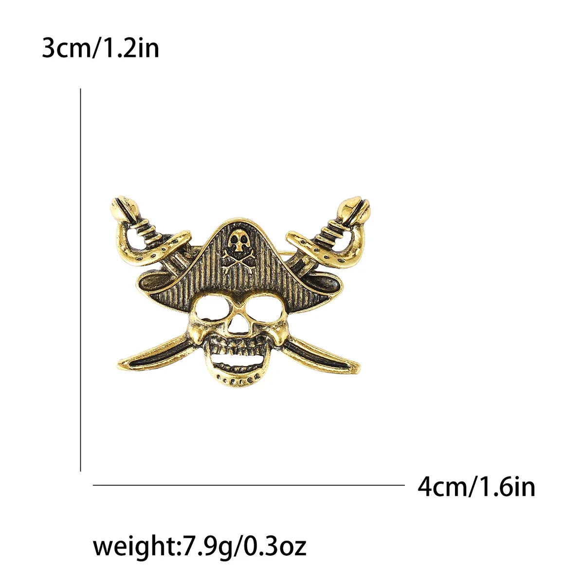Broche con calavera y tibias cruzadas tono dorado con diseño de sombrero puntiagudo