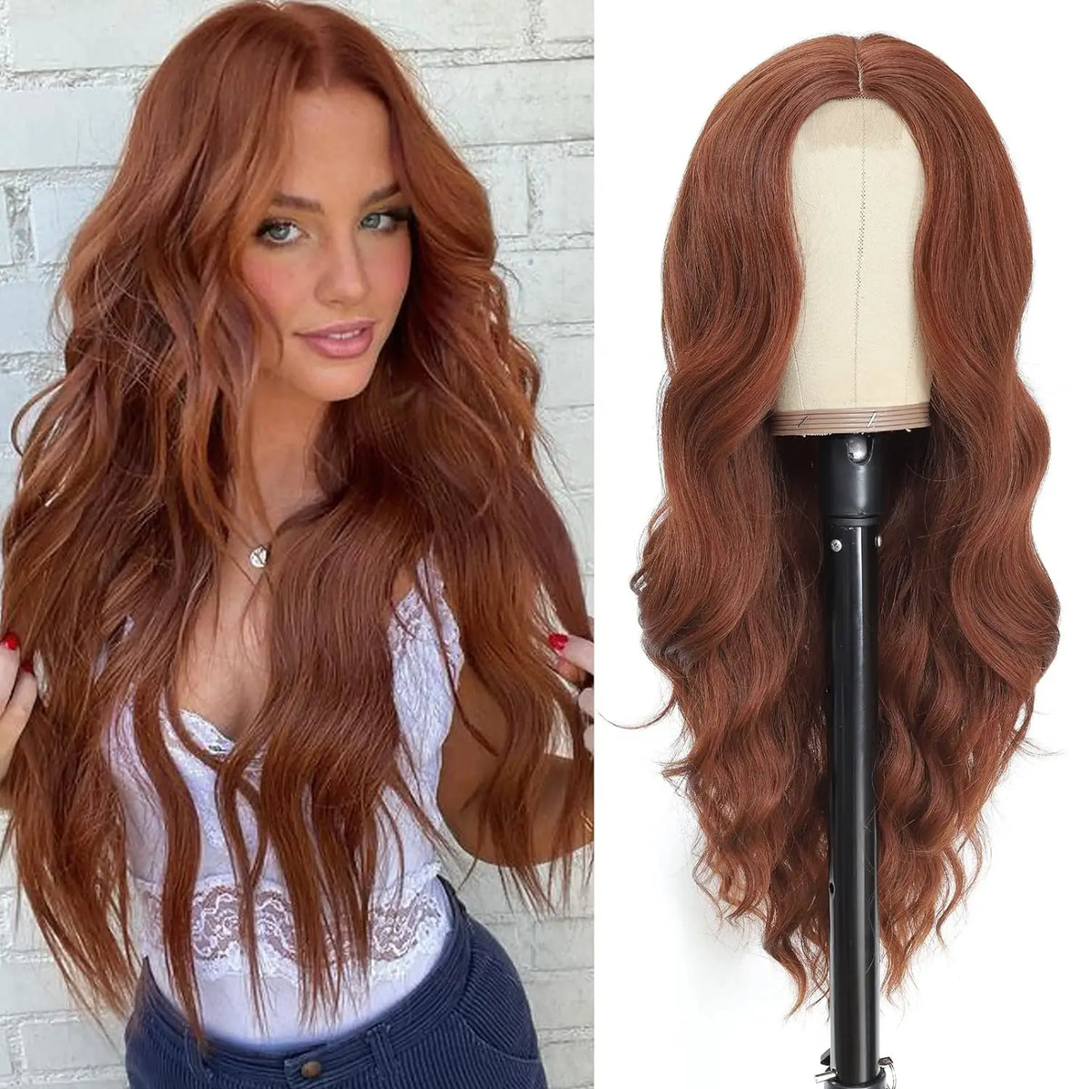 Una mujer modelando una peluca sintética larga y ondulada en cabello castaño rojizo contra un fondo de ladrillo blanco.