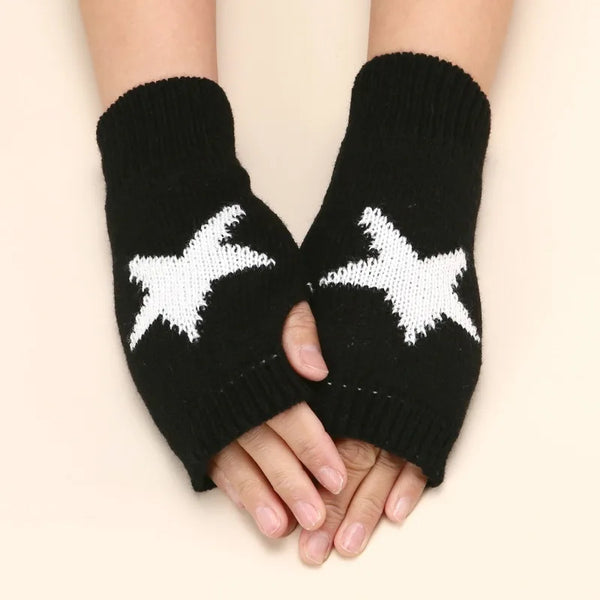 Black knitted half finger gloves with a white star pattern on the palm side