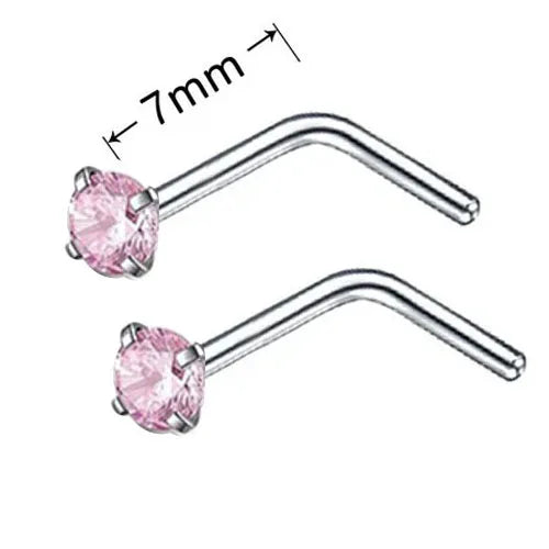 Un par de pendientes en forma de L de acero inoxidable con piedras de circonita rosa