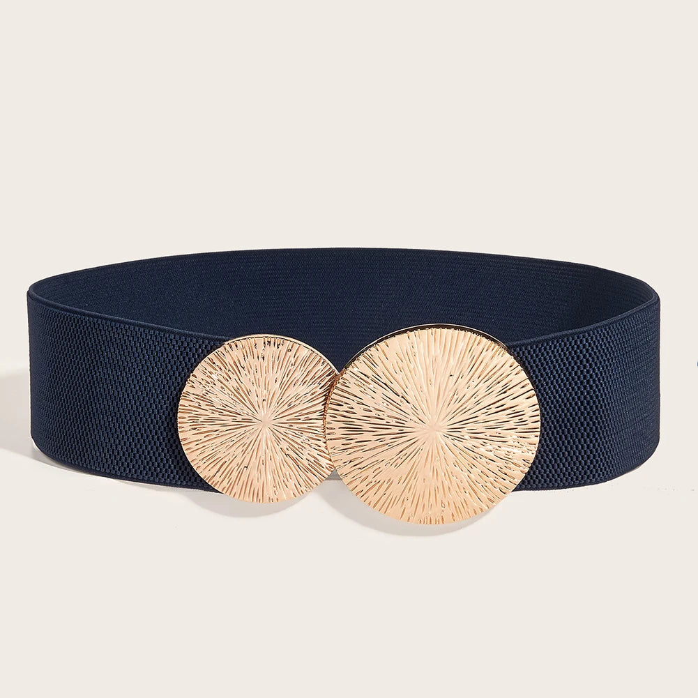 Navy blue elastic waist belt with two round gold-toned wooden accents
