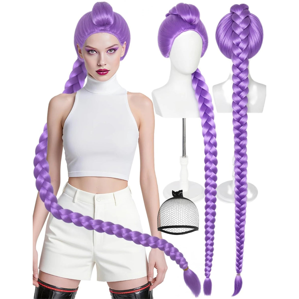 Long purple braided wigs displayed on a mannequin, showing various styles and lengths.