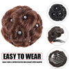 A dark brown synthetic curly hair updo hairpin is shown with various styling options and a clip-in version.