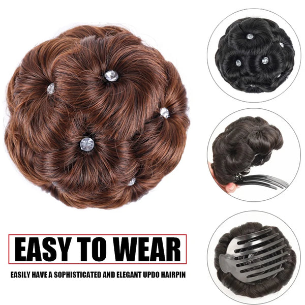 A dark brown synthetic curly hair updo hairpin is shown with various styling options and a clip-in version.