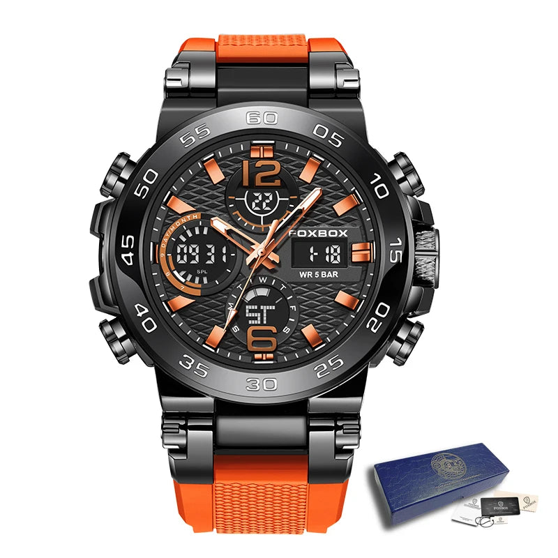 A black and orange luxury men's chronograph dive watch with a stainless steel bracelet and box.