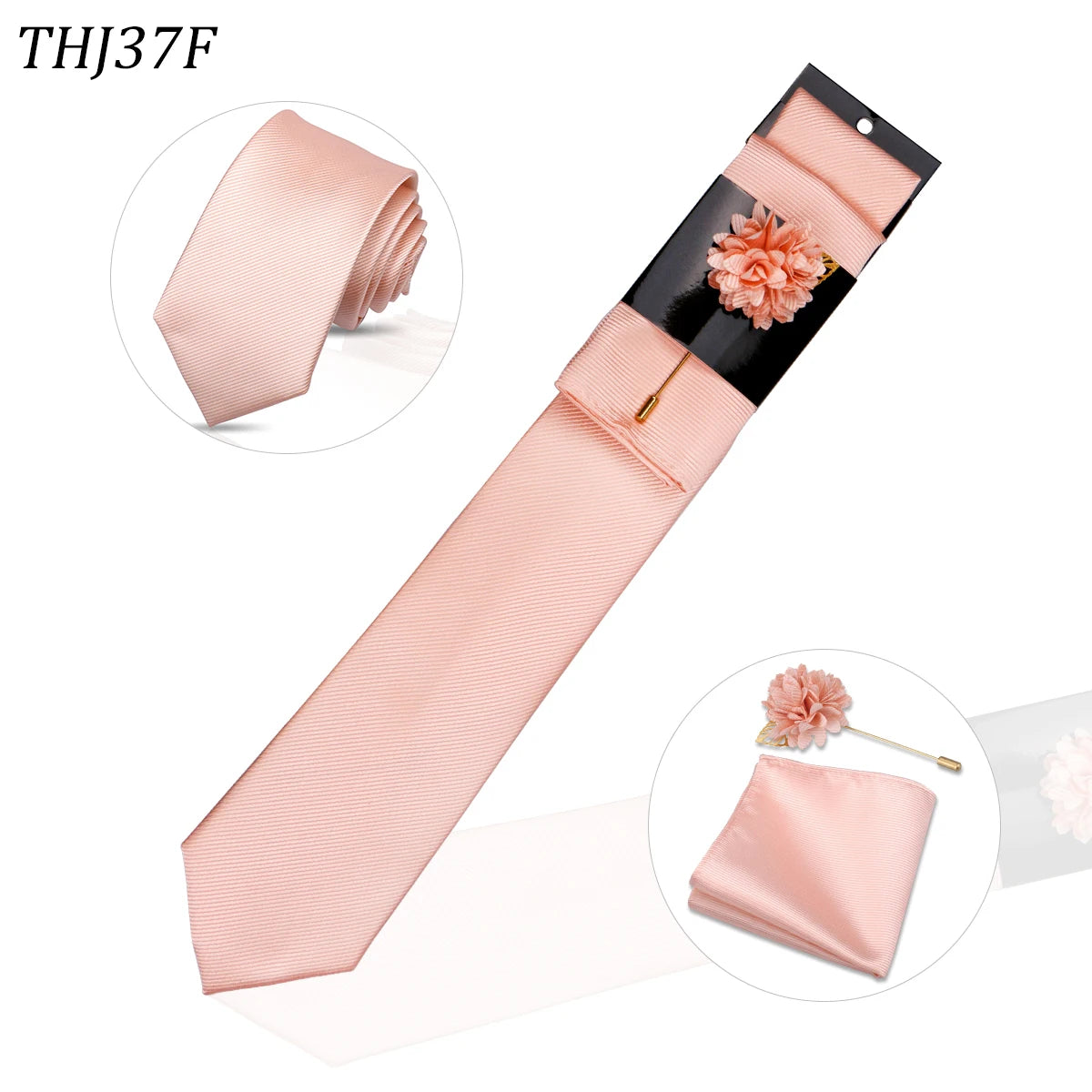 Juego de corbata de seda rosa con corbata, pañuelo de bolsillo a juego y prendedor floral.