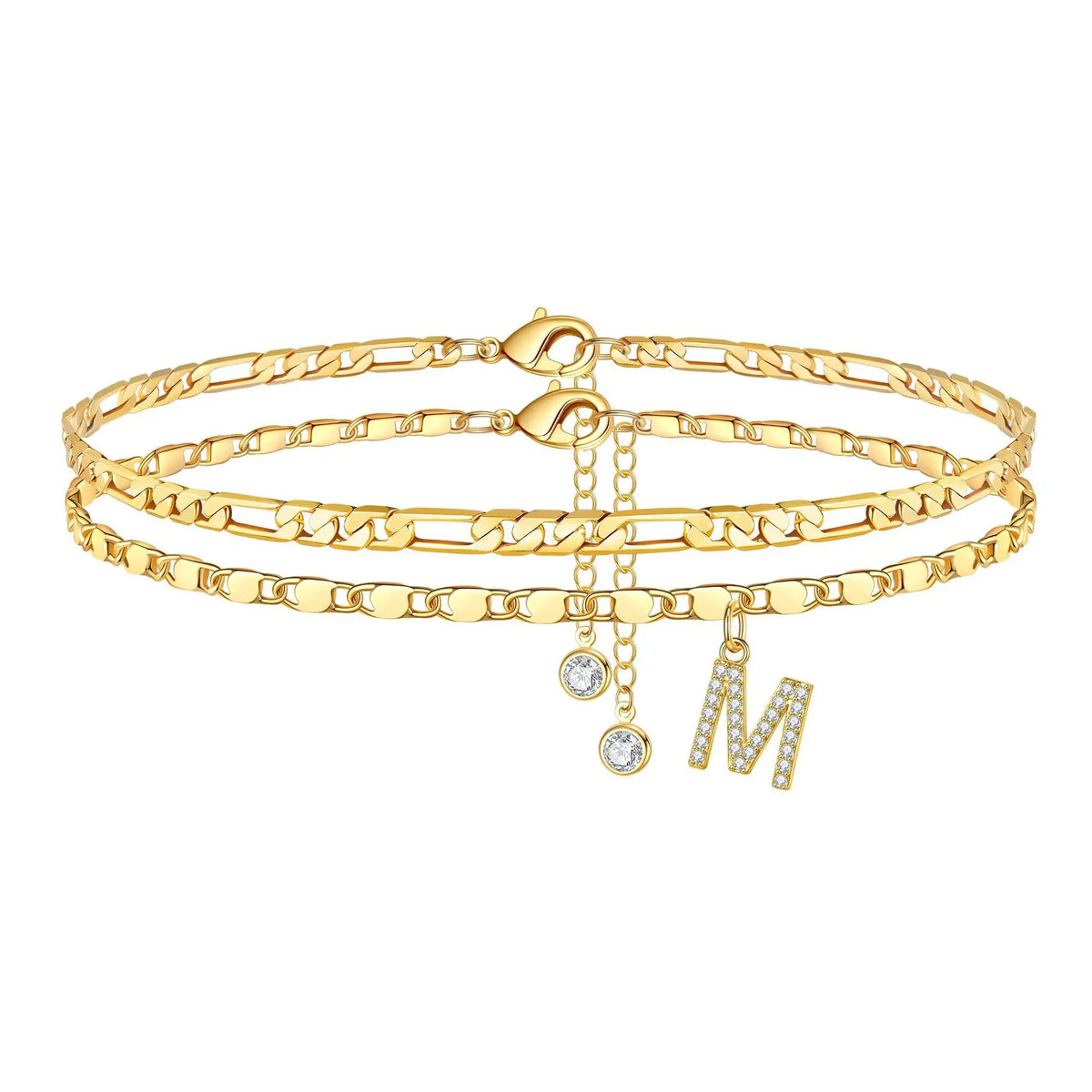 Gold plated initial letter anklet featuring a chain and a dangling initial letter charm