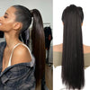 A woman with dark skin is shown in profile wearing a black ultra-long straight ponytail wig.