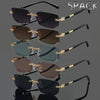 A collection of five pairs of retro square frameless sunglasses in various dark and tinted colors.