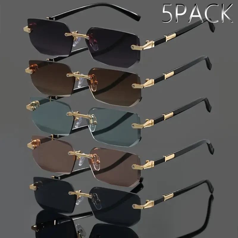 A collection of five pairs of retro square frameless sunglasses in various dark and tinted colors.
