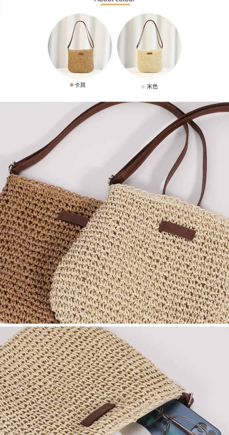 Close-up view of a beige hand-woven straw visor hat with brown leather straps.