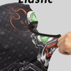 A close-up of an elastic full face balaclava helmet liner in black with orange and white graphics.