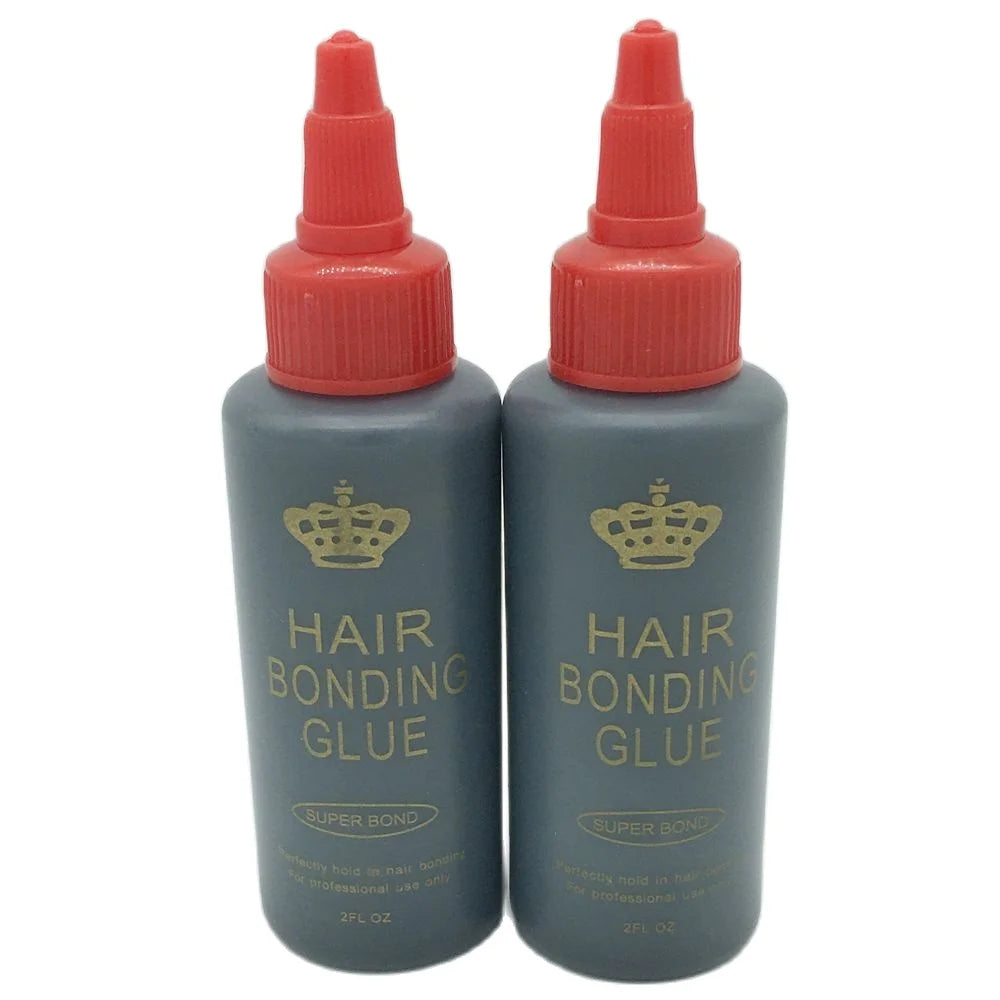 Two bottles of professional hair bonding glue with red caps and gray containers.
