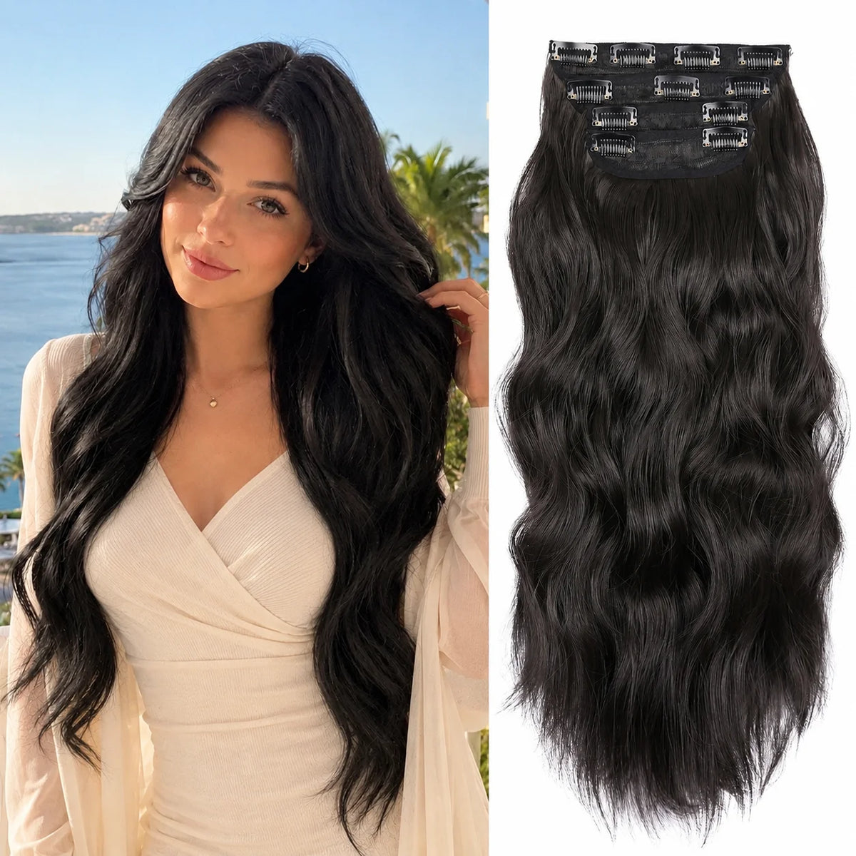 A model showcases long, black ombre hair with synthetic clips attached for styling.