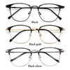 A set of black, black gold, and black silver metal eyeglasses displayed against a white background.