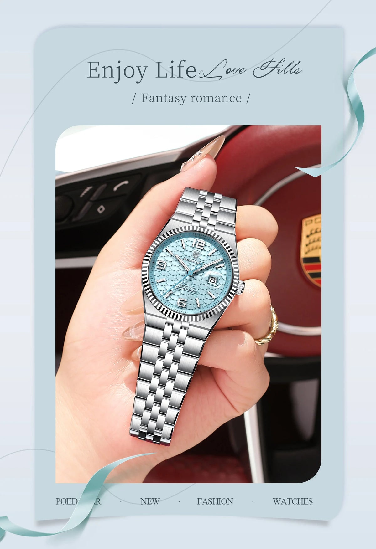 A close-up shot of a silver stainless steel quartz wristwatch with a light blue dial and luminous hands worn on a person's ha
