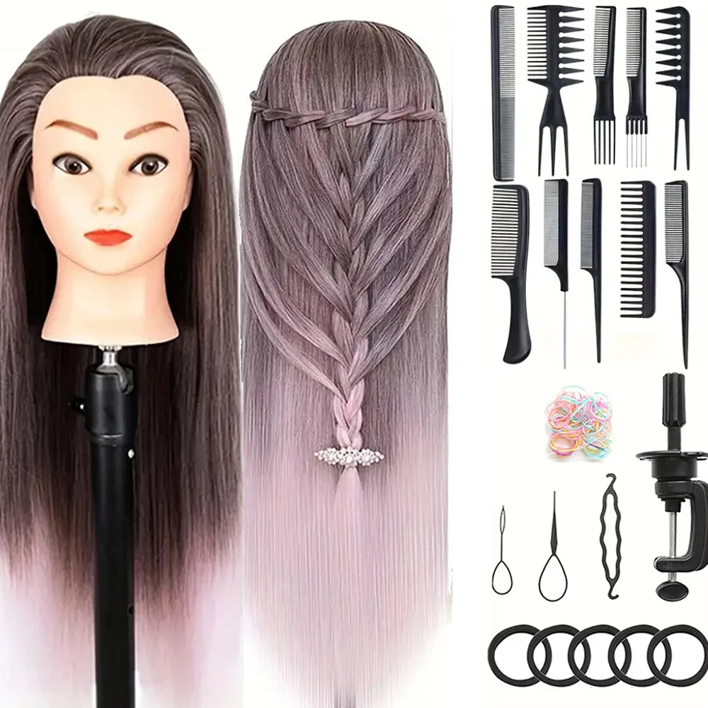 A display of professional cosmetology practice mannequin heads with long gray hair, styling tools, and hair extensions.