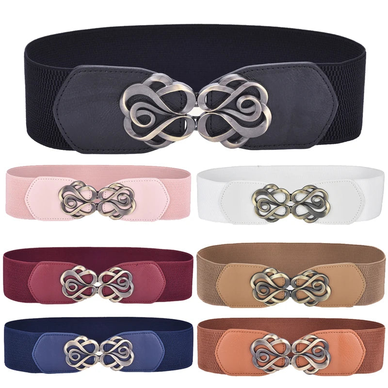 A collection of vintage leather elastic belts featuring brass rosette buckles in various colors like black, pink, white, maro