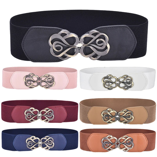 A collection of vintage leather elastic belts featuring brass rosette buckles in various colors like black, pink, white, maro