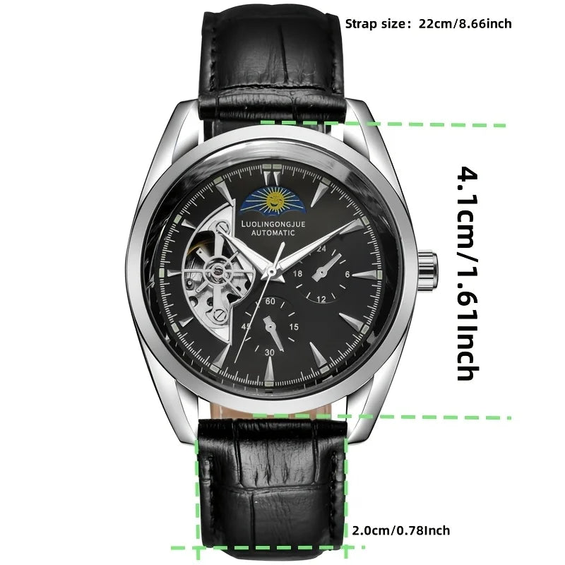 A black men's automatic wristwatch with a silver-toned case and black leather strap.
