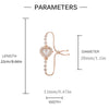 Parameters diagram showing the length, diameter, and width of a sparkling heart rhinestone quartz watch.