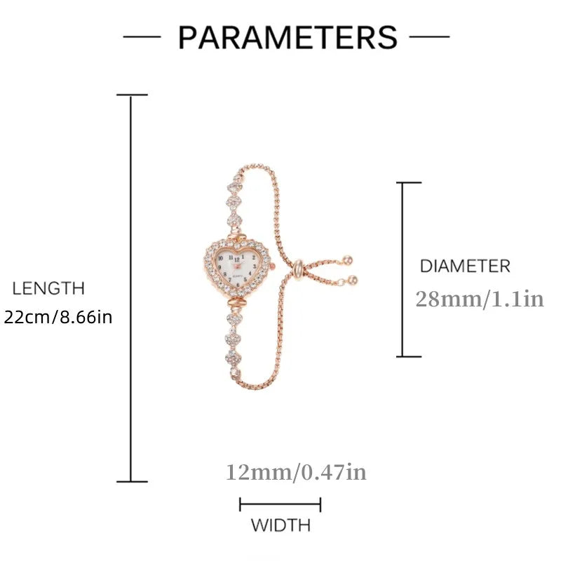 Parameters diagram showing the length, diameter, and width of a sparkling heart rhinestone quartz watch.