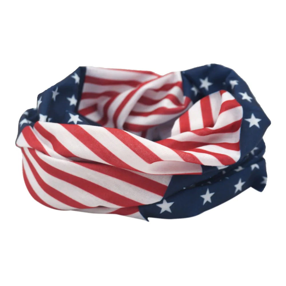 A folded USA flag bandana neck gaiter featuring red and white stripes and blue with white stars.