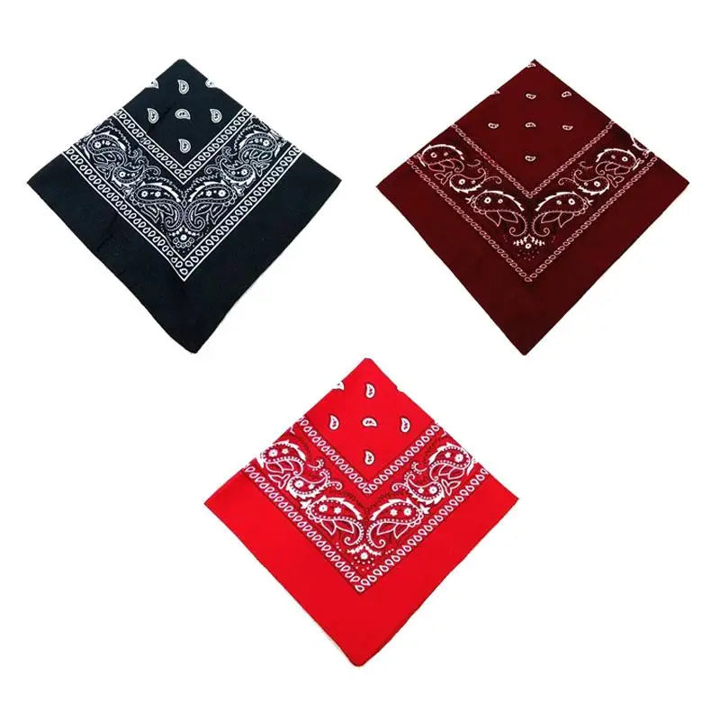 Three square cotton bandana scarves featuring intricate paisley patterns in black, maroon, and red.