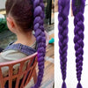 Purple braided hair ponytail with tinsel extensions shown on a person's head and as a separate display.