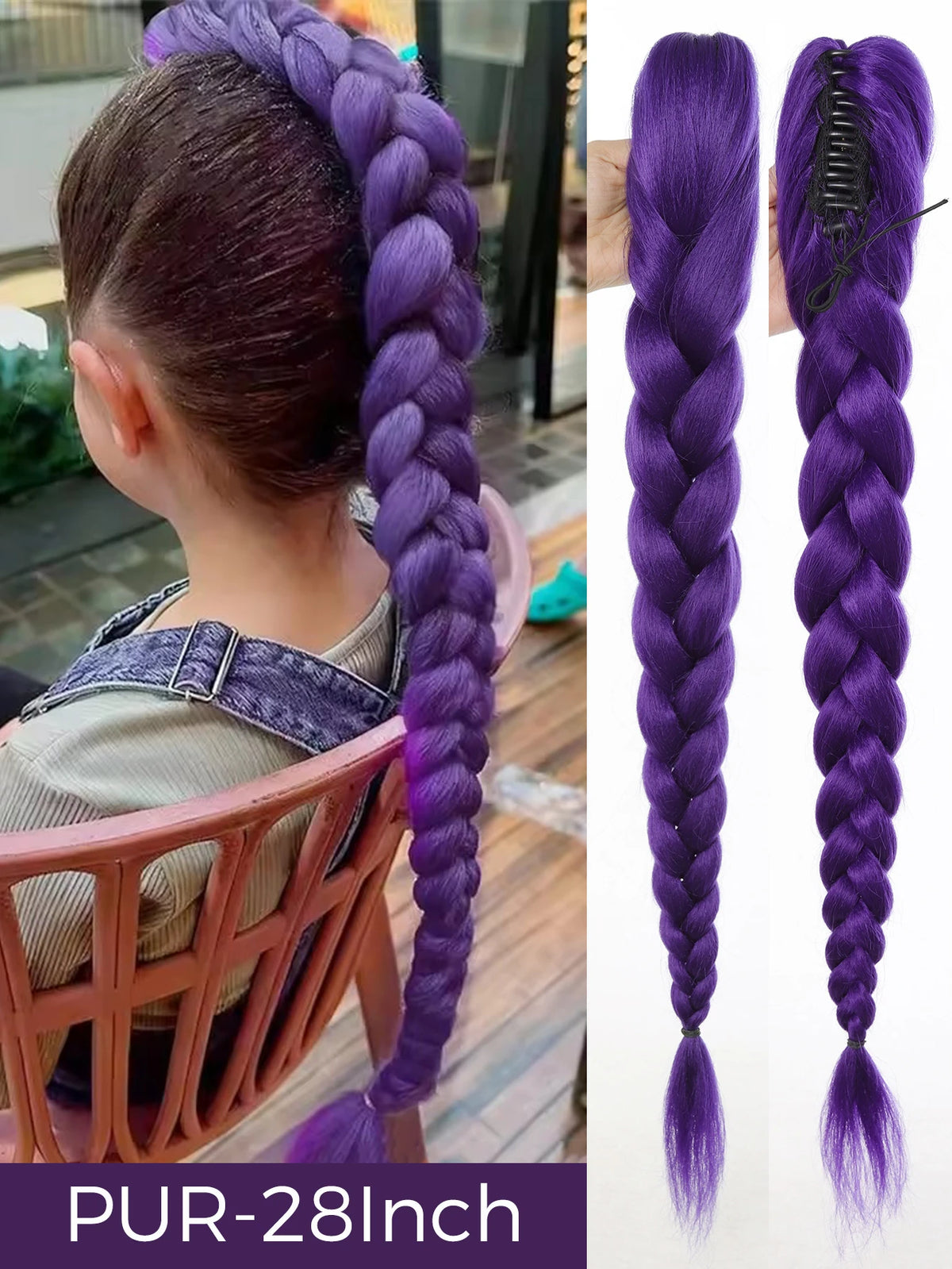 Purple long synthetic braided ponytail for girls shown on a person's head and as a separate hair extension.