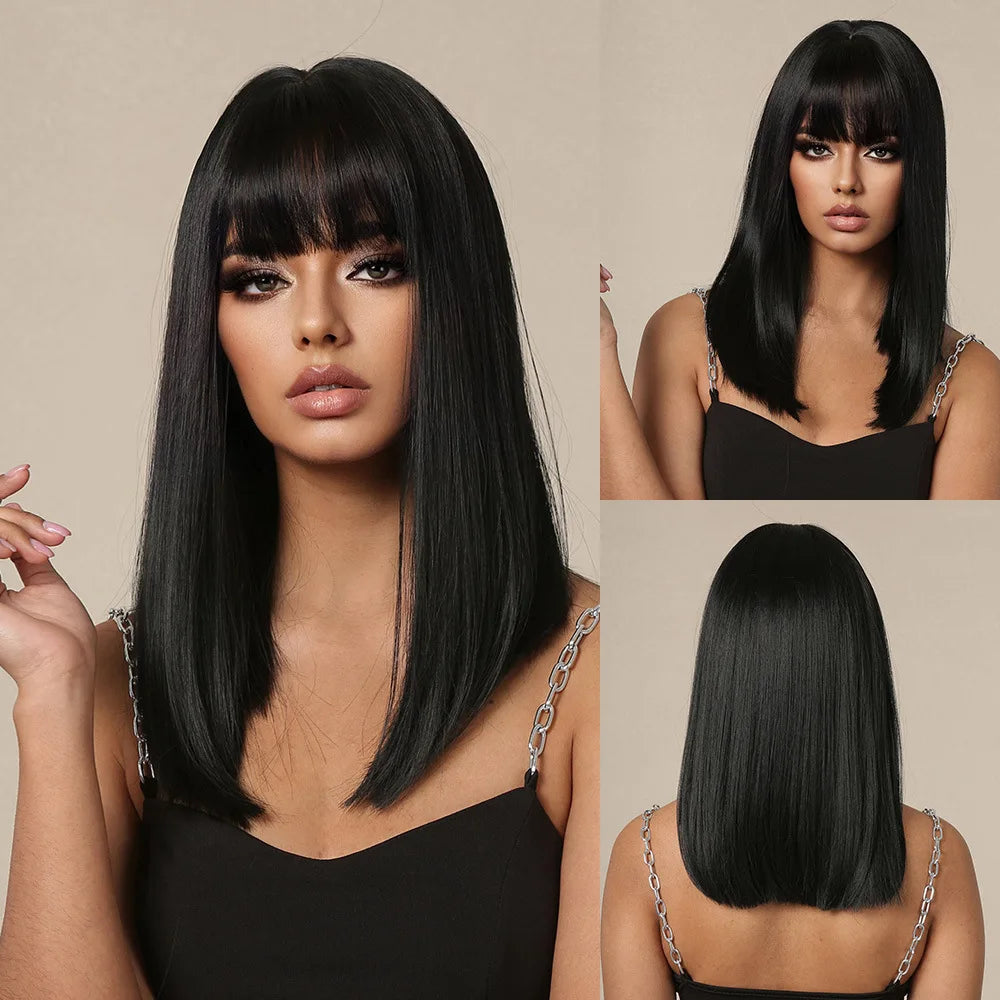 A model showcases a long black wig with blunt bangs and straight hair in various styles.