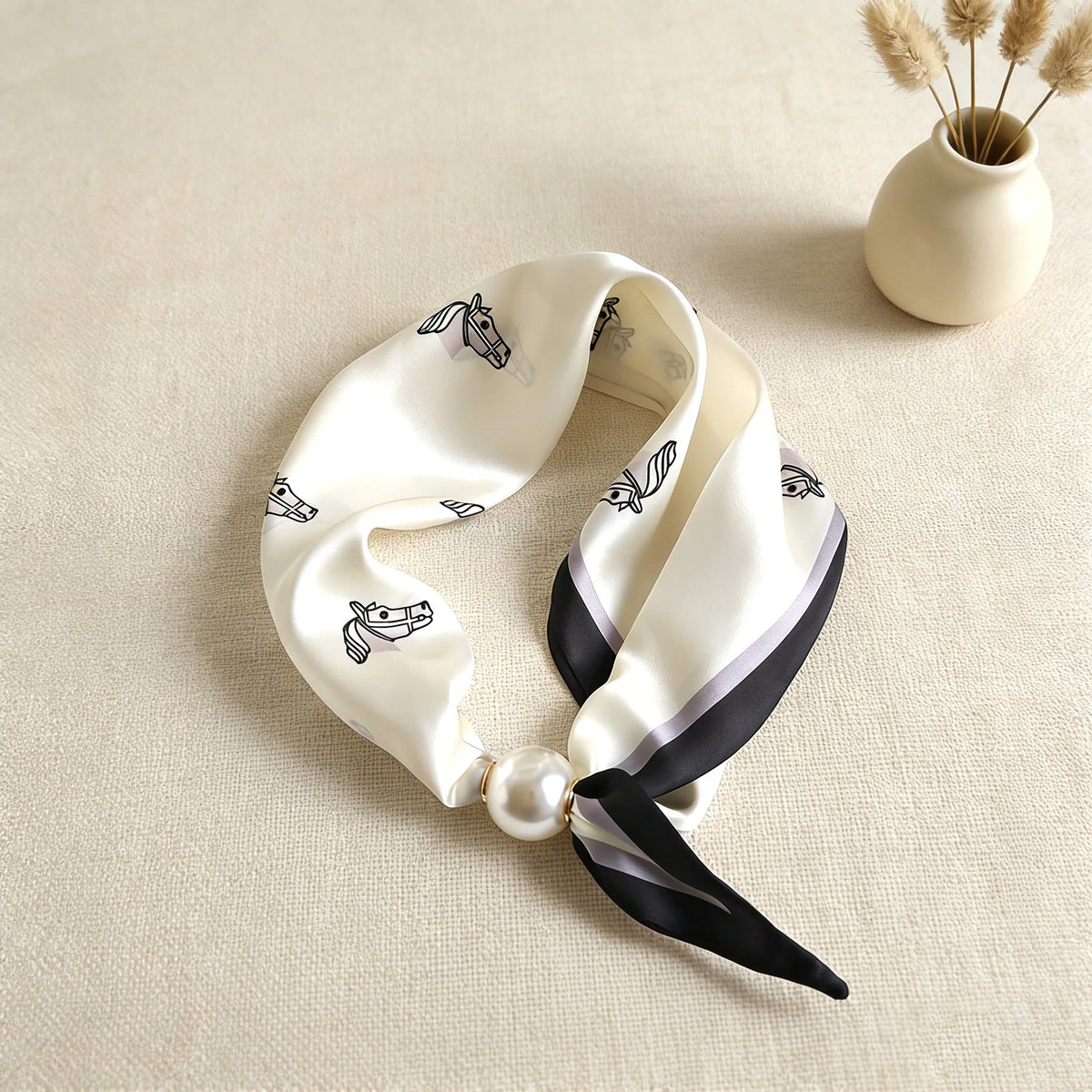 A white silk scarf with a black print and a pearl detail is displayed on a beige fabric.