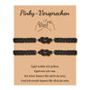 Two black love knot bracelets displayed on a beige card with German text.