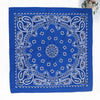 A vibrant blue bandana scarf featuring intricate white paisley and floral patterns.