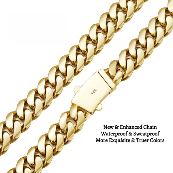 A close-up of a gold-plated Miami Cuban chain necklace with a box clasp.