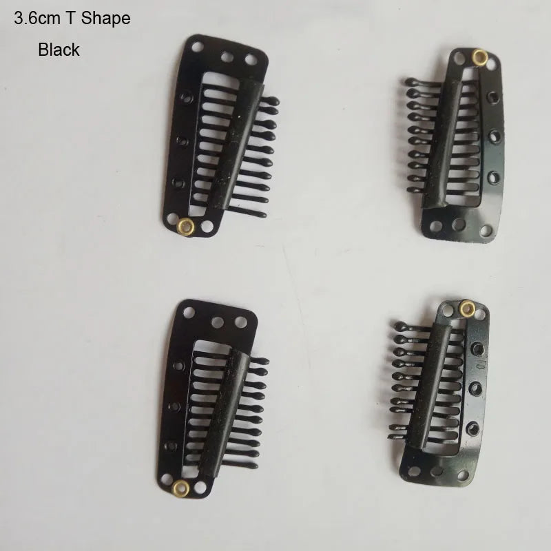 A set of black 3.6cm T-shape precision hair extension clips.