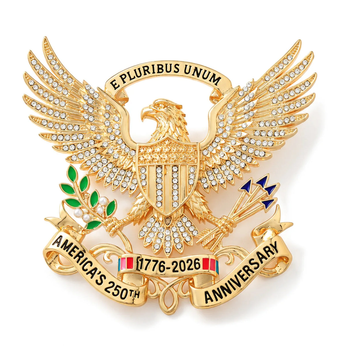 Pin de solapa dorado con el emblema de un águila y texto que celebra el 250 aniversario de Estados Unidos