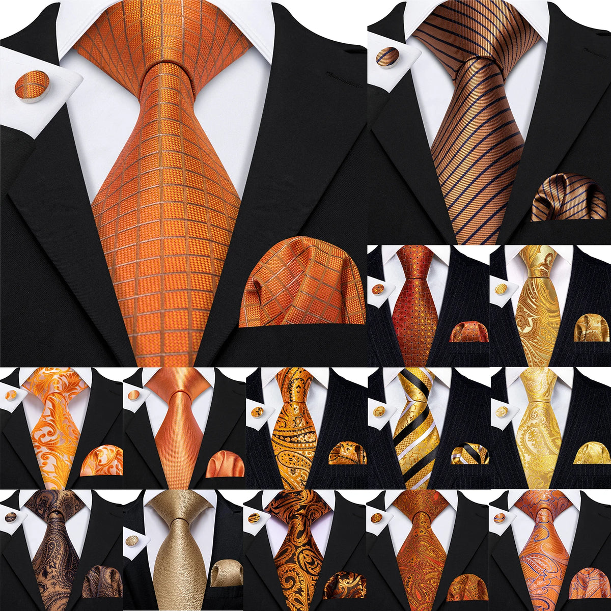 A collection of men's silk jacquard ties in various shades of orange, gold, and brown displayed on black backgrounds.