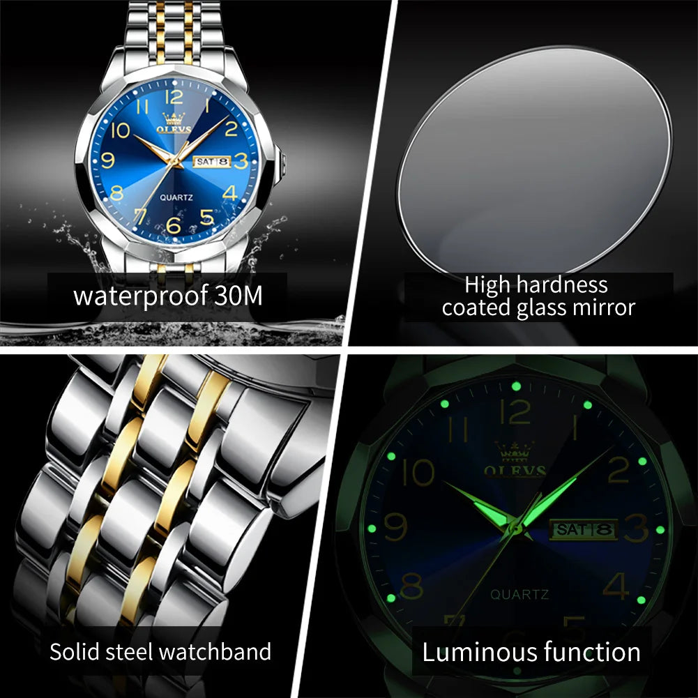 Silber-Quarz-Armbanduhr mit blauem Zifferblatt und goldenen Akzenten, wasserdichter Glas und Leuchtfunktionen.