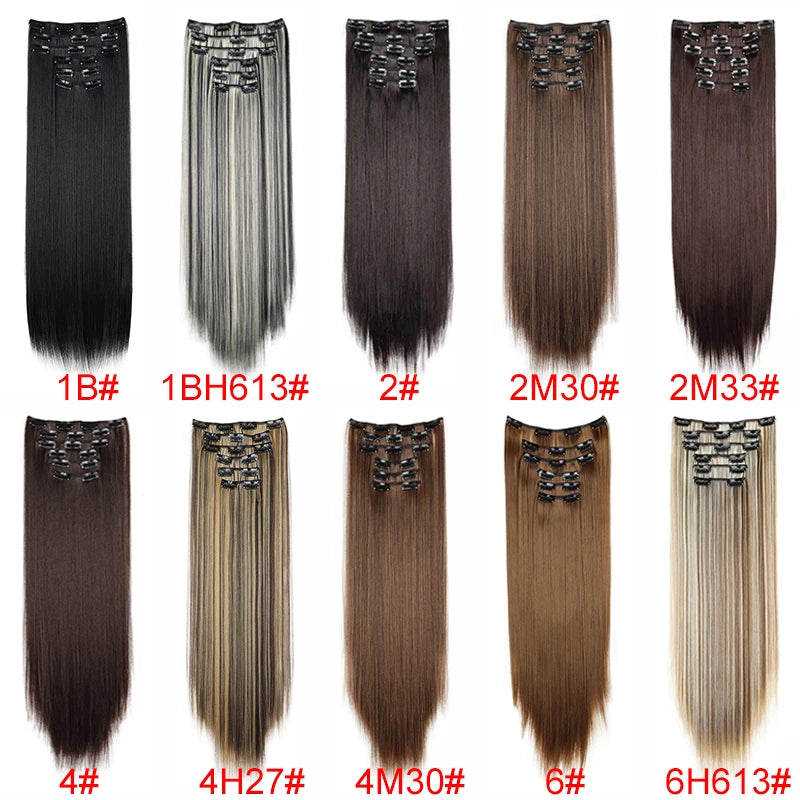 A collection of long straight hair extensions in various shades and textures, labeled 1B#, 1BH613#, 2#, 2M30#, 2M33#, 4#, 4H2