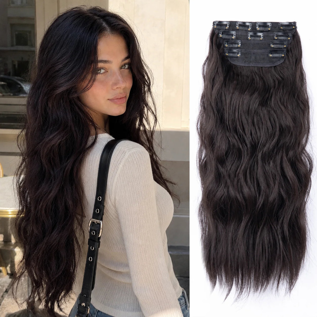 Long dark brown hair with black clips and ombre color transition