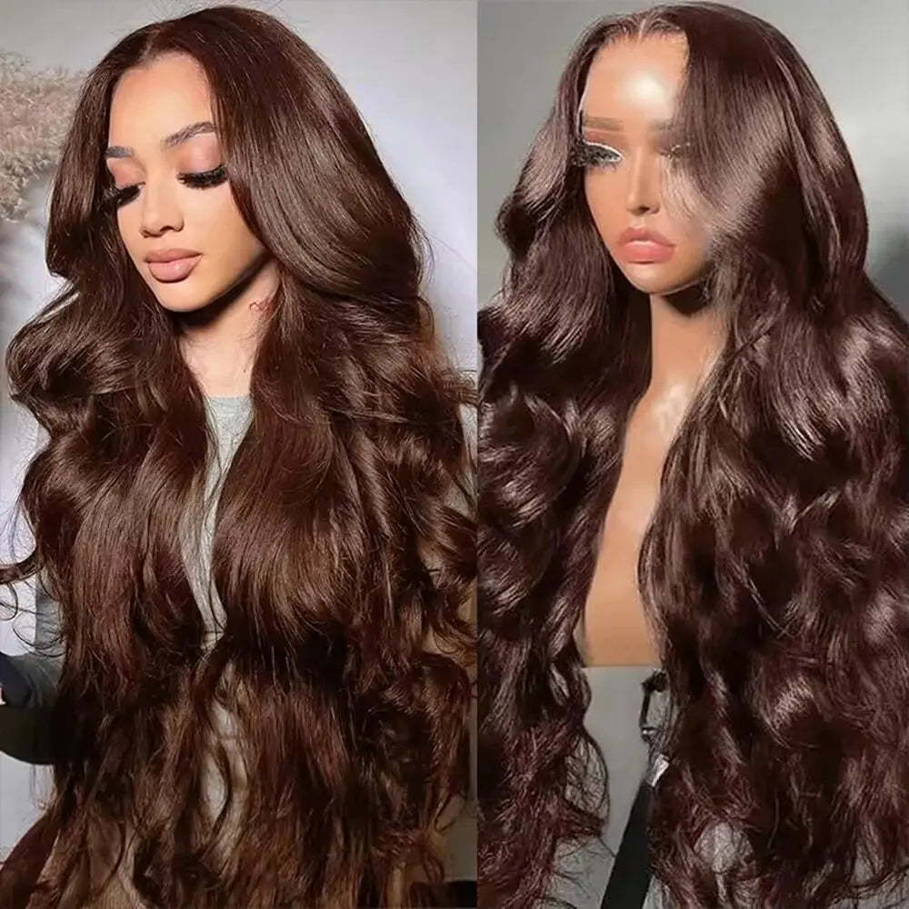 Model präsentiert eine lange, braune Wellen-Lace-Frontperücke mit voluminösen Locken.
