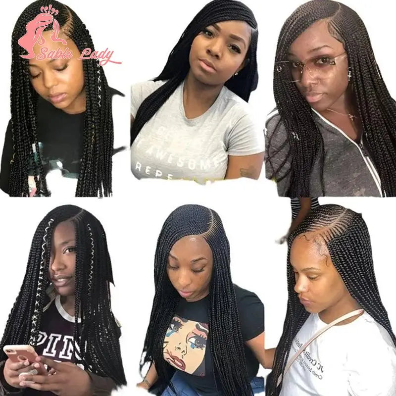 A collage of women modeling a 36-inch braided cornrow wig in various styles and colors.