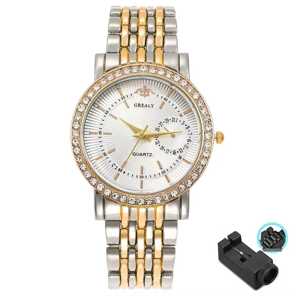 A two-tone crystal quartz wristwatch with a gold and silver metal bracelet and a round face.