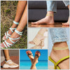 A set of three gold-toned stainless steel anklets worn on a woman's ankle and foot.