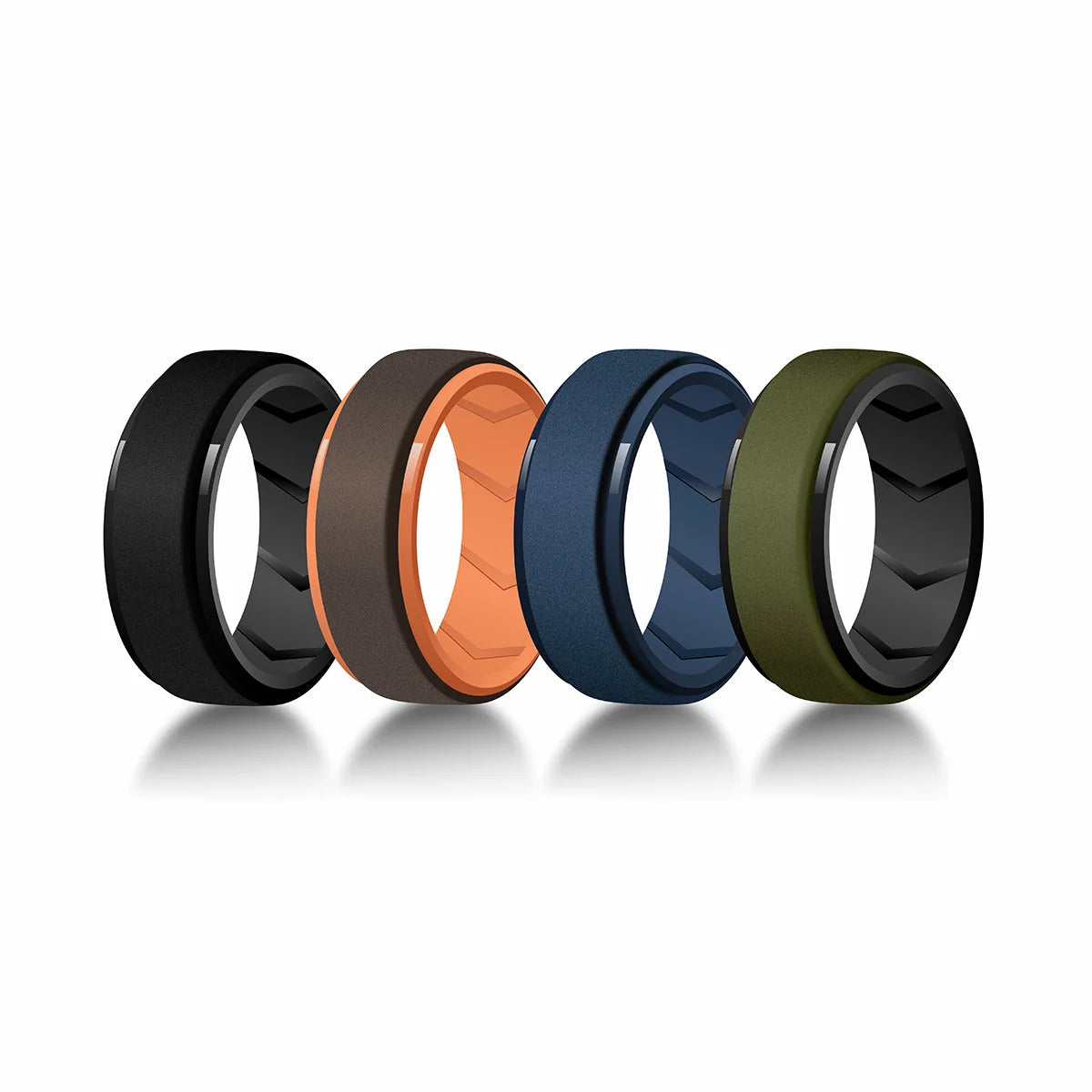 A set of four silicone wedding bands in black, orange, blue, and olive green.