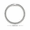 A silver stainless steel Cuban link bracelet shown flat against a white background.
