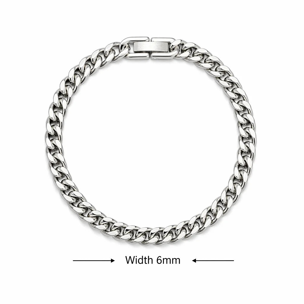 A silver stainless steel Cuban link bracelet shown flat against a white background.