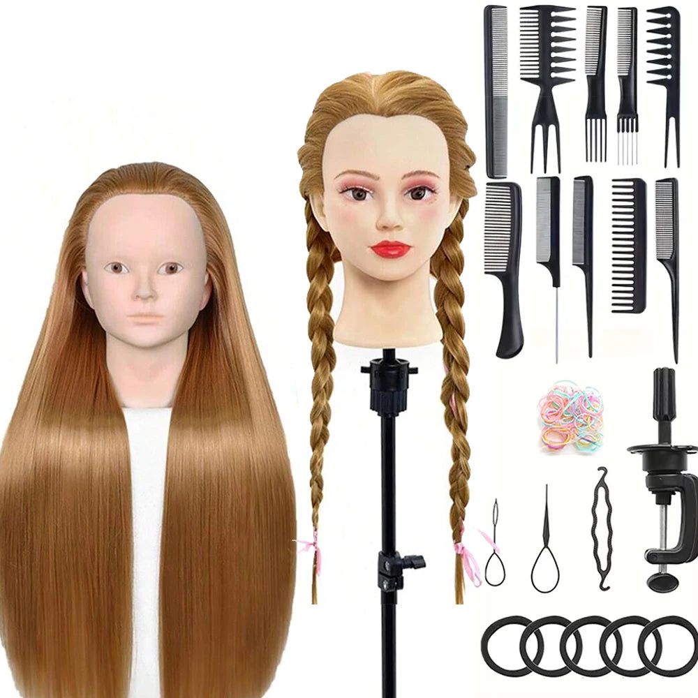 A display of professional cosmetology practice mannequin heads with various hair extensions and styling tools.