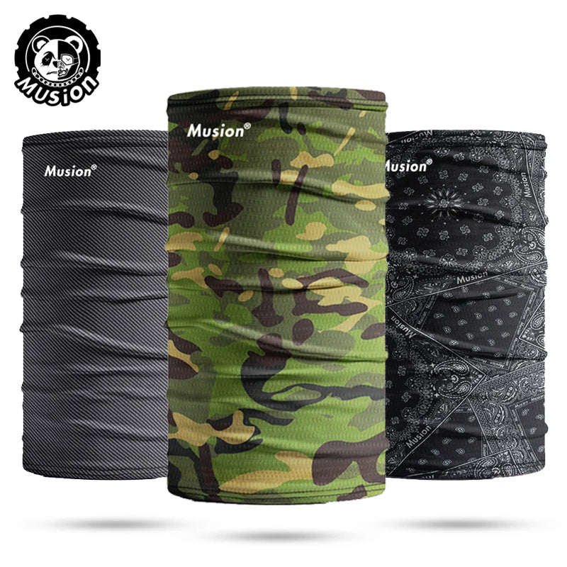 Three rolls of Musion breathable motorcycle and outdoor mask scarves in camouflage patterns